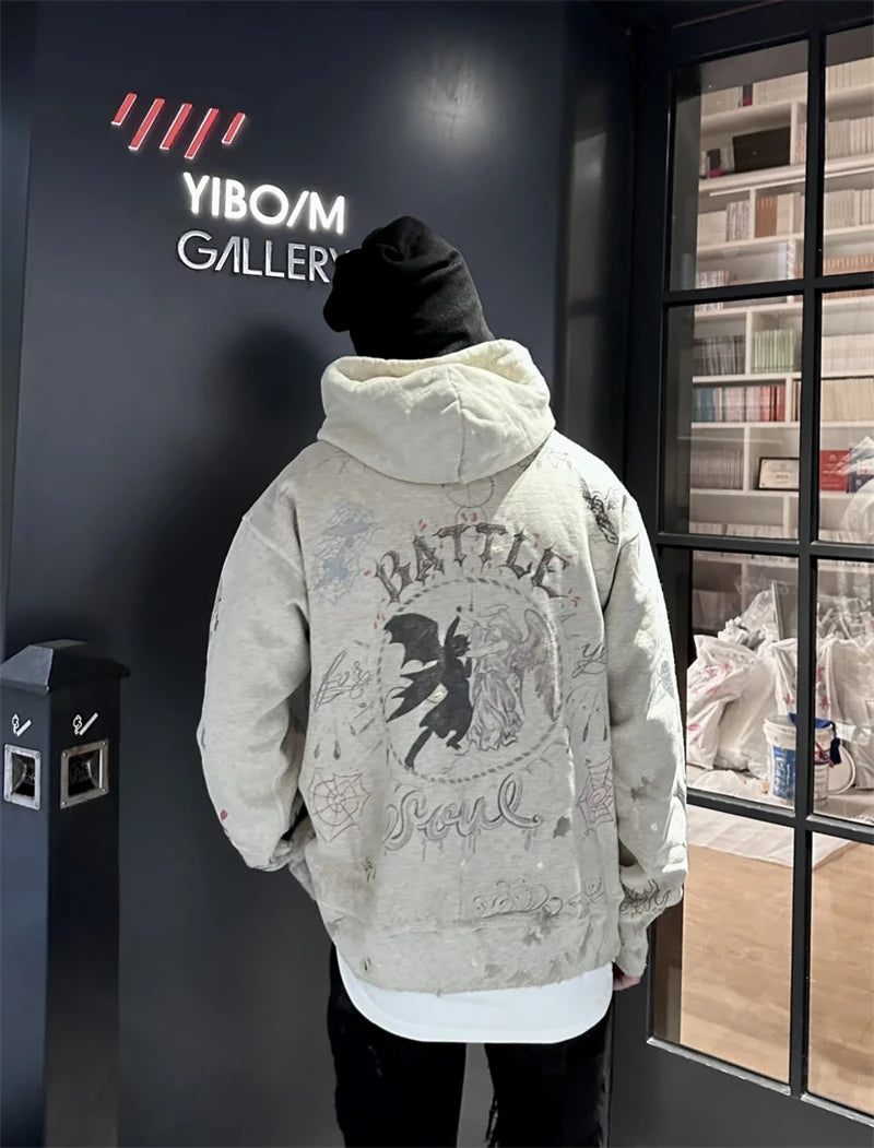 Vintage High Quality Hand Painted Graffiti Printed Washed Fleece Hoodi