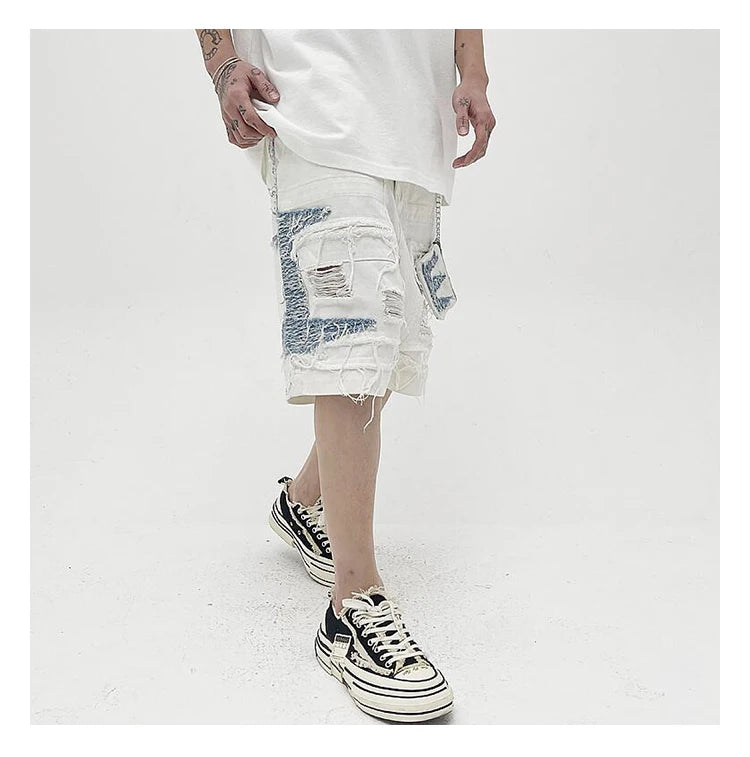 Mens High Street Denim Jean Shorts Casual Loose Destroyed Ripped Holes Loose Shorts Patchwork Hip Hop Streetwear Short Joggers