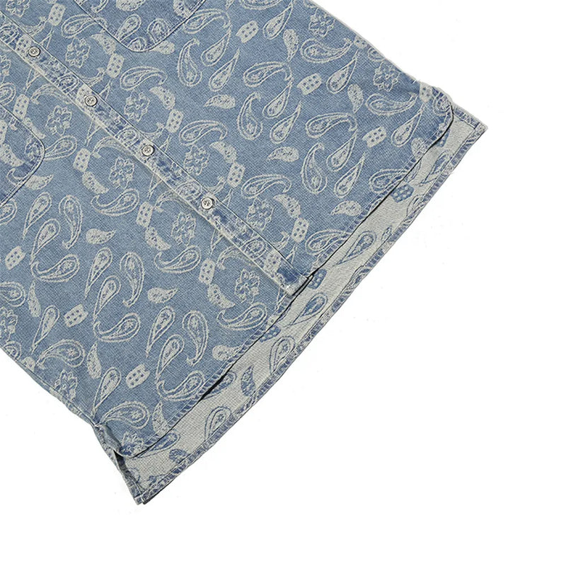 New 2022 Men luxurious Paisley West Coast CRIPS Bloods Fashion Denim Casual Shirts Shirt high Pocket Short-sleeves S 2XL #A630