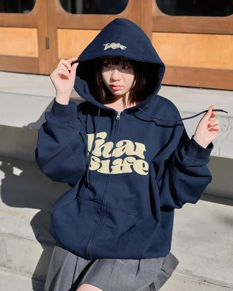 Trendy Brand Casual Loose Versatile Letter Printed Zipper Hoodie Women