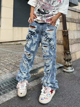 destroy ripped holes front letters embroidery denim jean pants men casual harajuku jean trouser hip hop streetwear pants joggers unique joggers style 3133