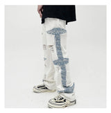 mens high street denim jean pants casual loose destroyed ripped holes straight jeans side patchwork hip hop streetwear joggers unique joggers style 2751