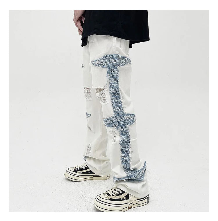 mens high street denim jean pants casual loose destroyed ripped holes straight jeans side patchwork hip hop streetwear joggers unique joggers style 2751