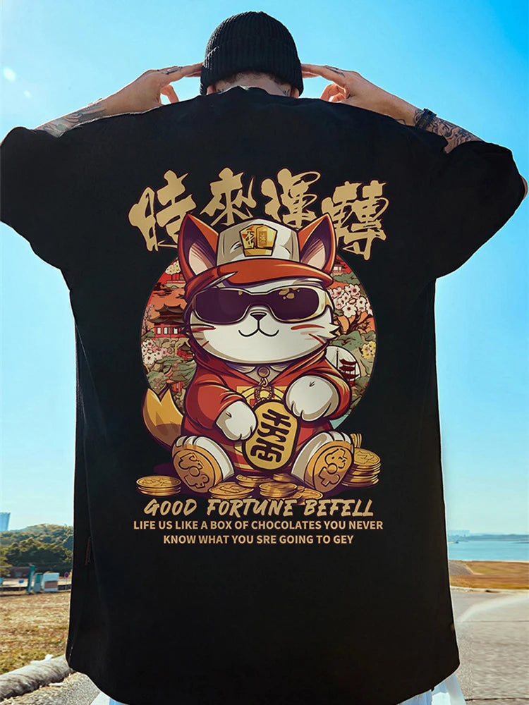Harajuku Crying character – Good Fortune Befell Print Oversized T Shirt For Men Anime Ca