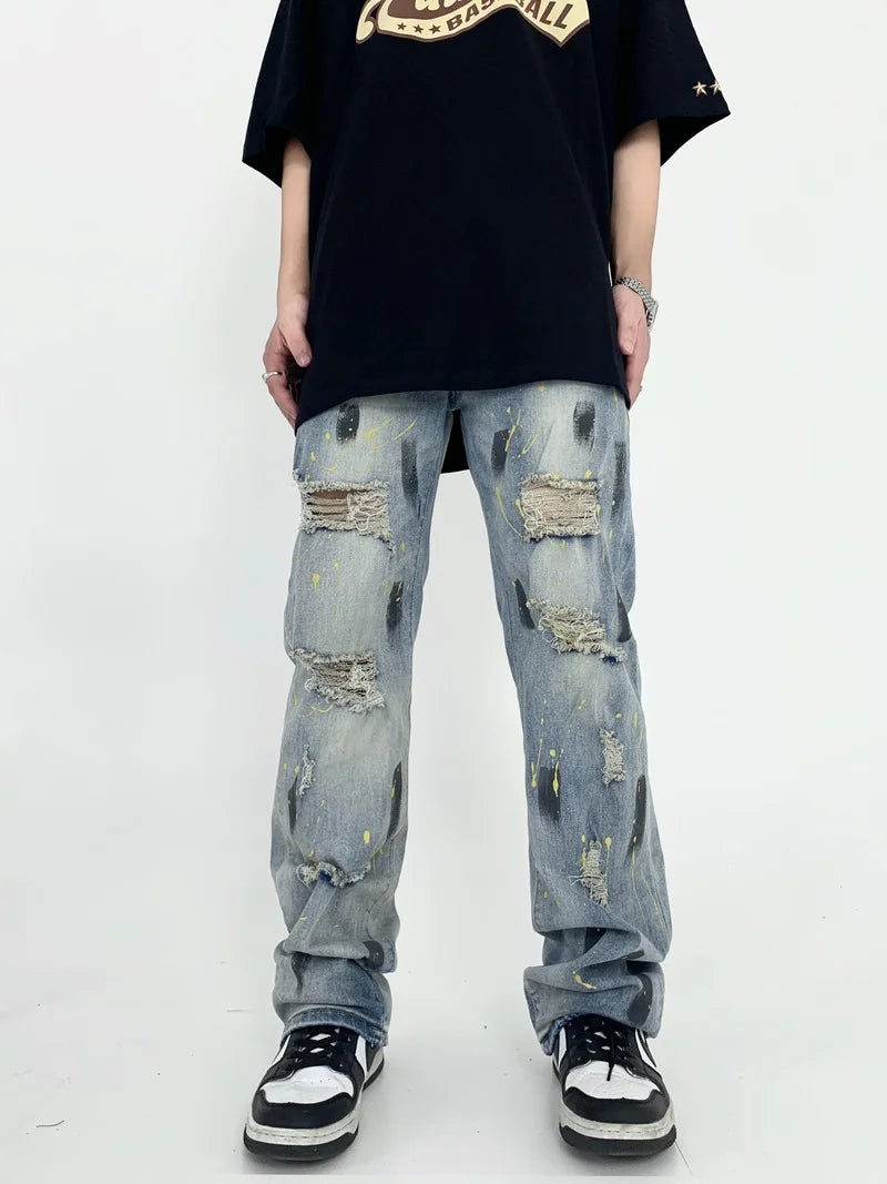 graffiti printed ripped destroied straight denim jean men hip hop distressed biker jeans fashion casual high street pants jogger sporty tapered joggers