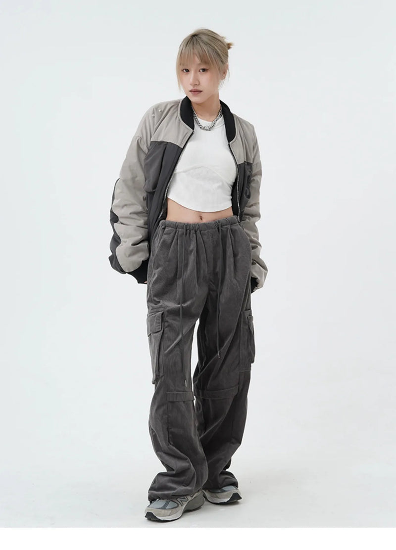 women high street corduroy pants casual elastic waist side pocket loose straight pant unisex hip hop y2k loose streetwear jogger unique joggers style 2363