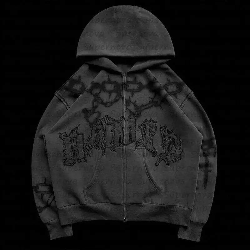 2024 American Trend Brand Printed Personality Zipper Sweatshirt Winter Hip Hop Retro Men's Women's