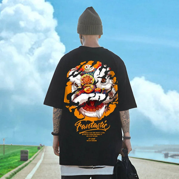 Gothic Barcode glitch – Funny Dancing Lion Print Man T Shirt Cotton Crewneck