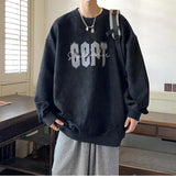 Suede Korean Trendy Round Neck Sweatshirt for Men American Retro Print Trendy Brand Autumn Loose Couple Wear Jacket Tops