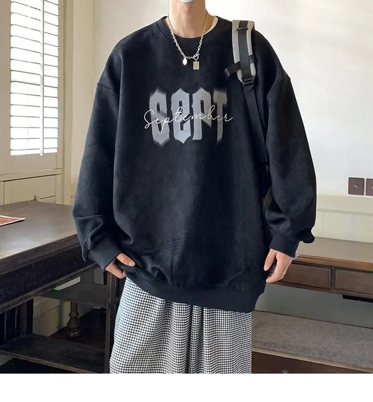 Suede Korean Trendy Round Neck Sweatshirt for Men American Retro Print Trendy Brand Autumn Loose Couple Wear Jacket Tops