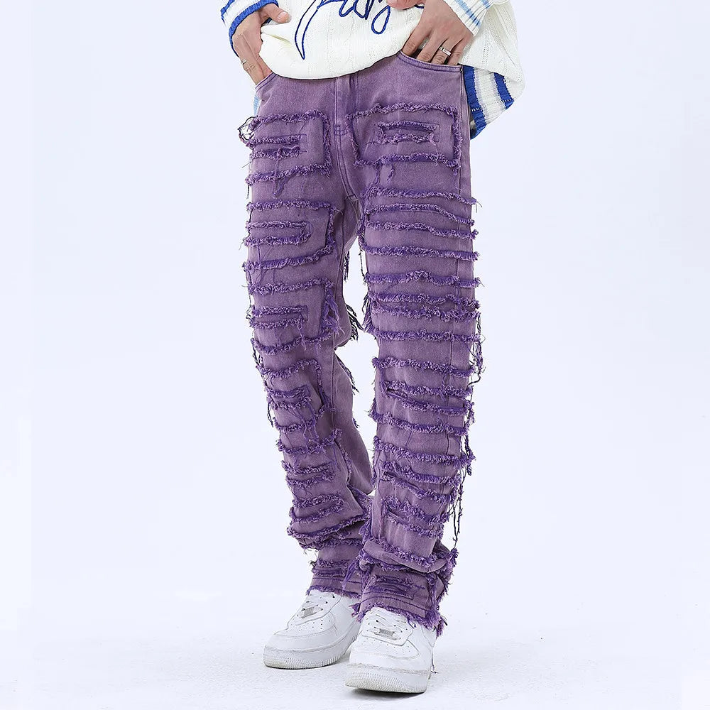 tassel hole spliced european and american straight leg denim pants new popular patch jeans mens wear vintage washed jeans