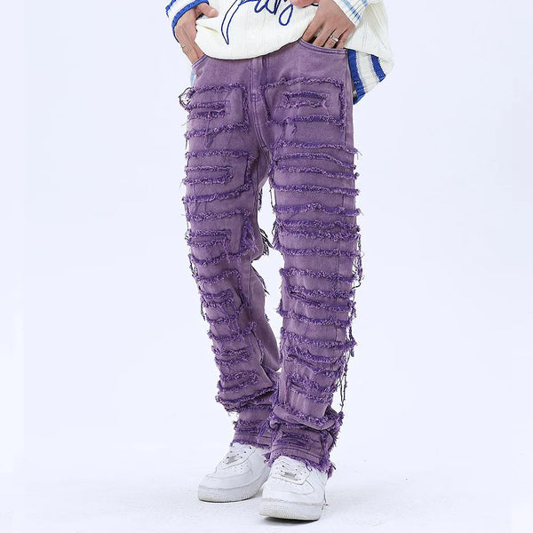 tassel hole spliced european and american straight leg denim pants new popular patch jeans mens wear vintage washed jeans