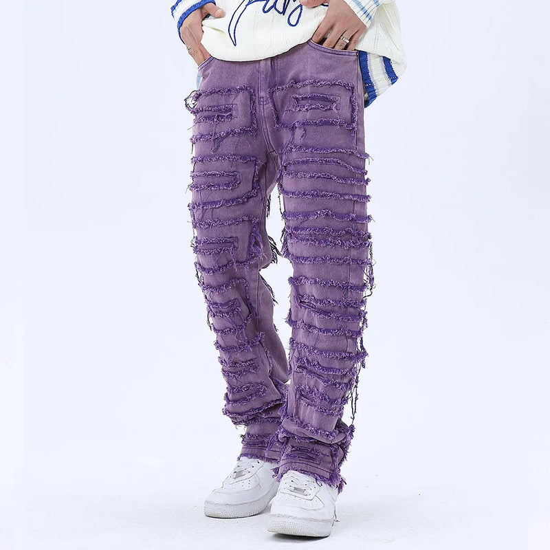 tassel hole spliced european and american straight leg denim pants new popular patch jeans mens wear vintage washed jeans