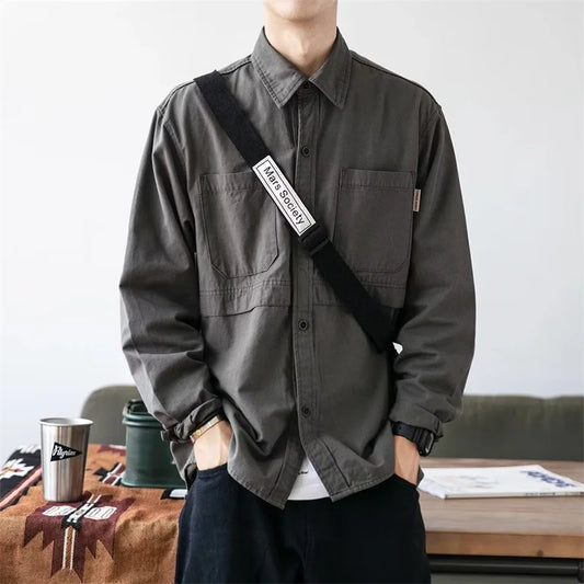 Gothic Long Sleeve Dress Shirt – Autumn Y2K Japanese Long Sleeve Cargo Shirts Mens Casual Vintage Outdoor Blouse 2025 New Oversized Baggy Camisa Social | Button Shirt Drop #912