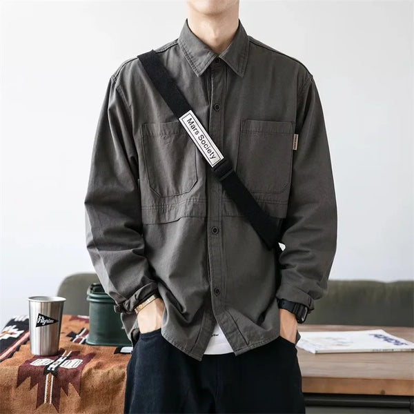 Gothic Long Sleeve Dress Shirt – Autumn Y2K Japanese Long Sleeve Cargo Shirts Mens Casual Vintage Outdoor Blouse 2025 New Oversized Baggy Camisa Social | Button Shirt Drop #912