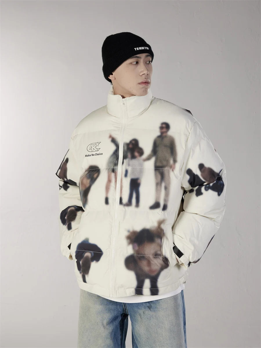 Hip Hop Jacket Parka Human Graffiti Print Men Winter Windbreaker Streetwear Harajuku Padded Jacket Coat Warm Outwear Hipster New