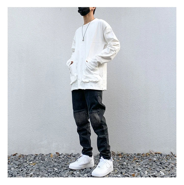 high street white knee pleated vertical stripe elastic fit skinny jeans male casual small leg jeans pants slim mens clothing unique jeans style 3668