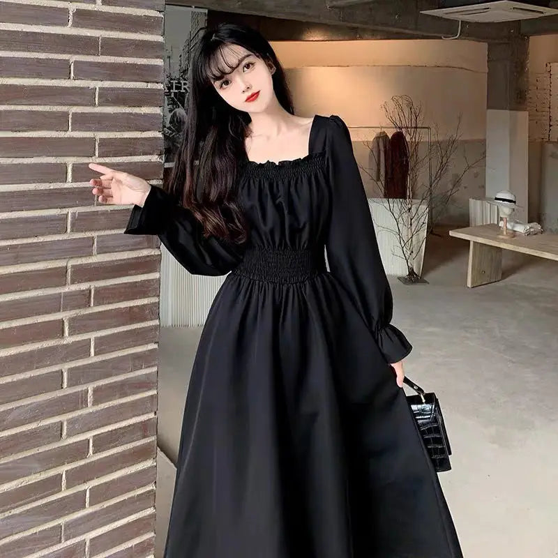 Black Elegant Dress Women Vintage Long Sleeve Spring Autumn Dresses Square Collar Oversize Loose Casual Robe Streetwear