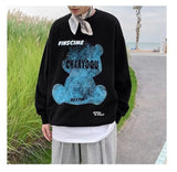 Graphic Blue Bear Kawaii Print Pullovers Hoodies For Men Autumn Fleece
