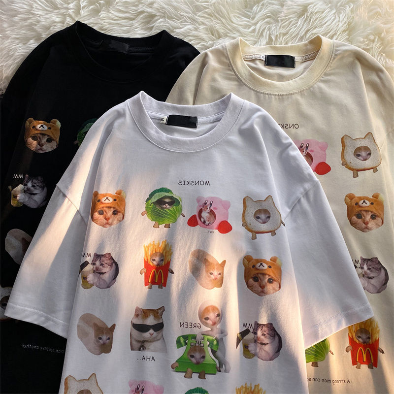 Y2K Graphic Tee – Korean Brand Cute Cats Sticker Printed T Shirts Short Sleeve – Modern Streetwear for Everyone