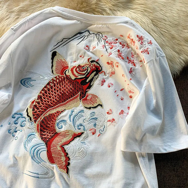 Cyberpunk Graphic Tee – New Summer Aesthetic Vintage Carp Fish Embroidery T Shirts W – Modern Streetwear for Everyone