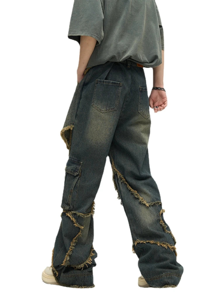 fashion patchwork frayed star denim straight jean pant men casual side pocket y2k trouser unisex hip hop streetwear jeans pants stacked flare jeans