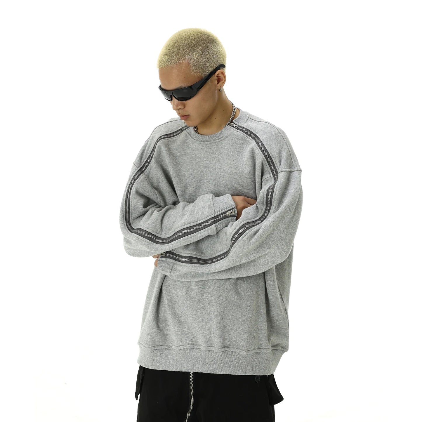 Hip Hop Sweatshirt O-neck Harajuku Skateboard Streetwear Zipper Up Pullover Unisex Casual Autumn Winter Loose Tops Men Clothing