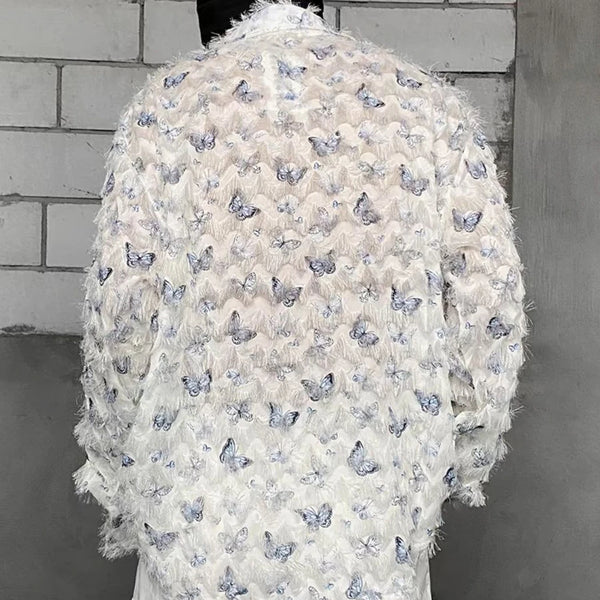 Mens Casual Feather Butterfly Long Sleeve Shirt Genderless 2024 New Fashion Personality Retro Youth All-Match Shirt Unisex