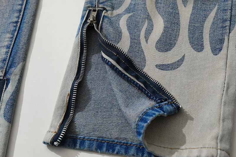 knee graffiti ripped holes denim jeans men unisex casual fire printed bottom zipper jeans streetwear hip hop jean pants joggers unique joggers style 3494