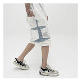 Mens High Street Denim Jean Shorts Casual Loose Destroyed Ripped Holes Loose Shorts Patchwork Hip Hop Streetwear Short Joggers