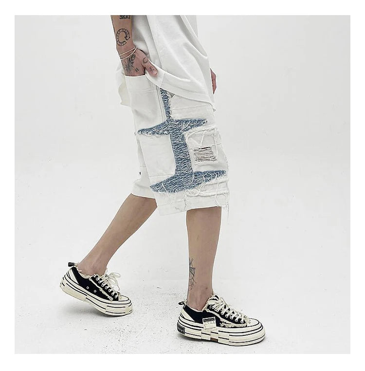 Mens High Street Denim Jean Shorts Casual Loose Destroyed Ripped Holes Loose Shorts Patchwork Hip Hop Streetwear Short Joggers