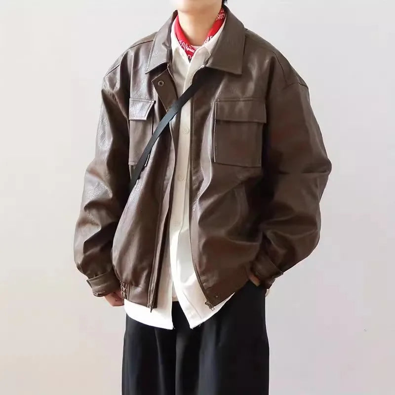 Retro Motorcycle Leather Jacket Men Woman Japanese Loose Streetwear Bomber Jackets Spring Autumn Casual PU Cargo Outwear Unisex