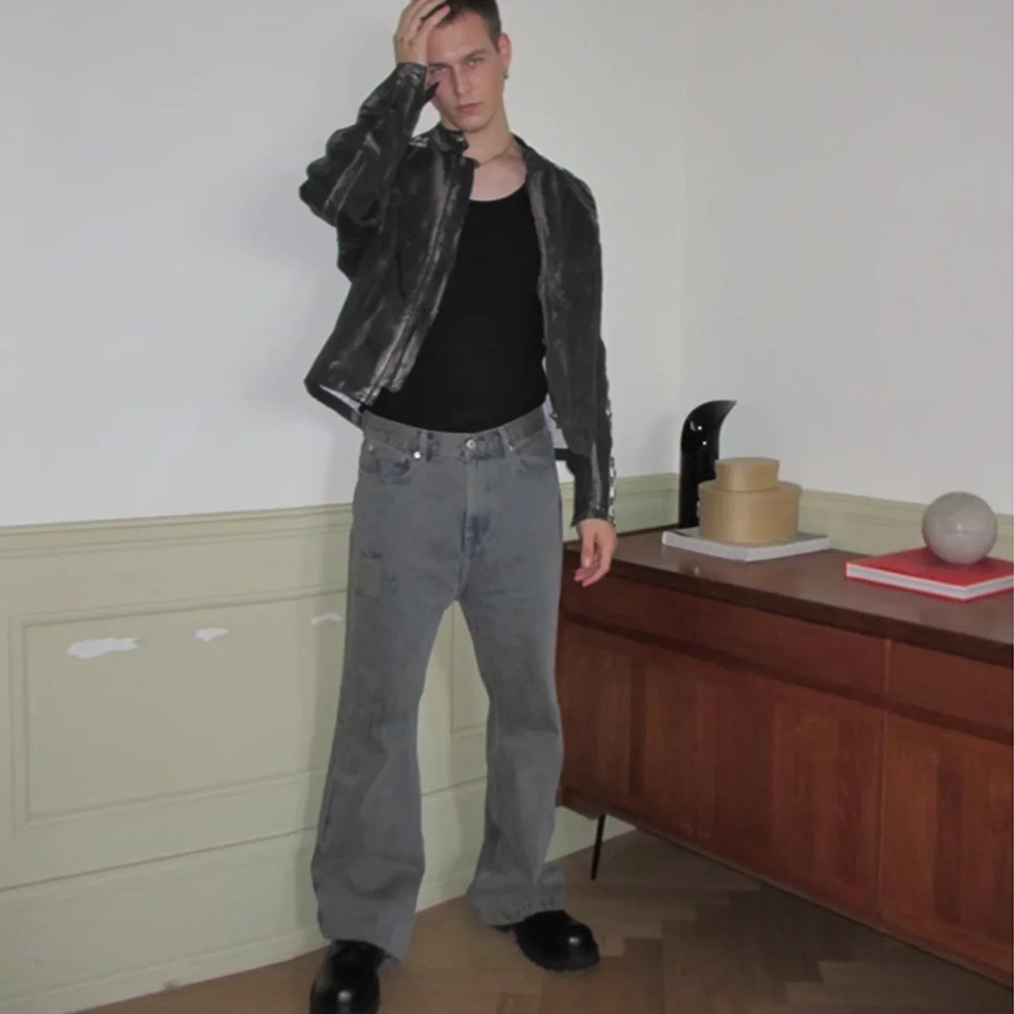 grey green damaged micro flared jeans mens straight streetwear y2k ropa hombre baggy denim trousers oversized casual cargo pants unique cargo style 1218
