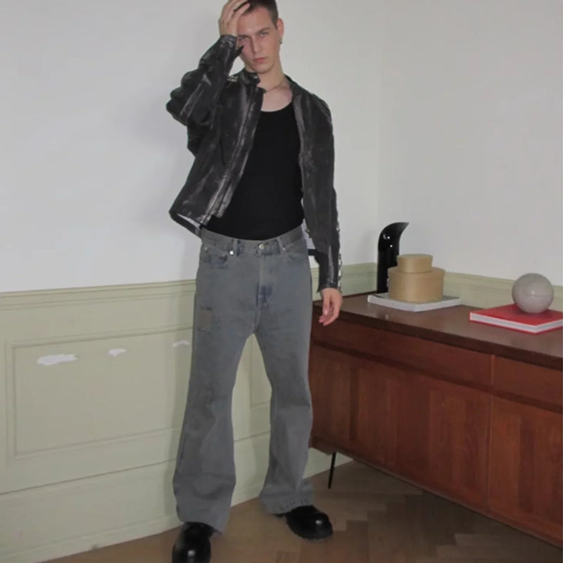 grey green damaged micro flared jeans mens straight streetwear y2k ropa hombre baggy denim trousers oversized casual cargo pants unique cargo style 1218