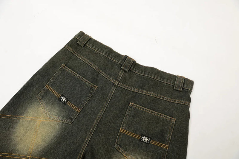 color match pocket washed baggy jeans shorts for men and women wide leg streetwear casual over knee length denim pants unique jeans style 4709