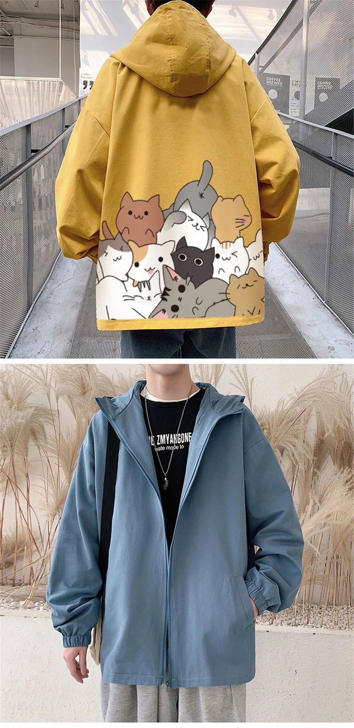 Black Cat Print Baseball Jacket Boys Long Sleeve Loose Ins Harajuku Hi