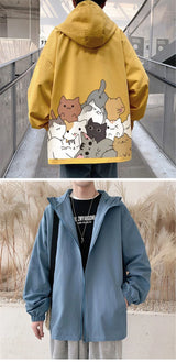 Black Cat Print Baseball Jacket Boys Long Sleeve Loose Ins Harajuku Hi