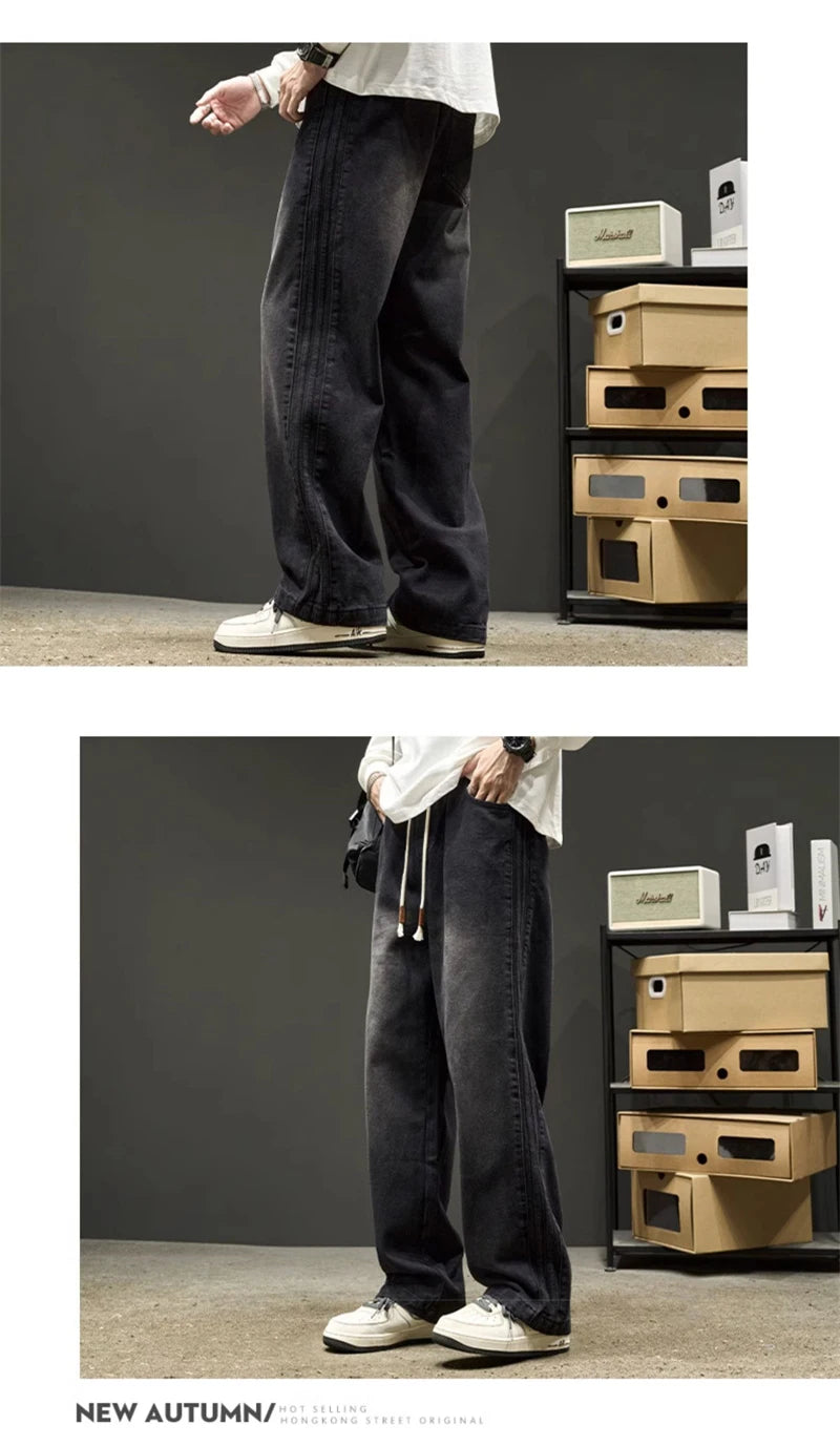 elastic waist baggy jeans for men side striped wide leg denim pants korean fashion casual trousers y2k vintage jean hombre unique jeans style 3250
