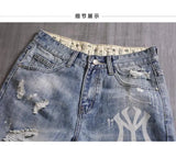 Men's Denim Shorts With Holes Washed Korean Style Straight Quarter  Patch Casual Jeans