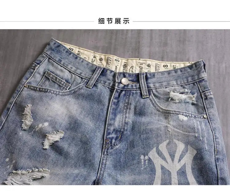 Men's Denim Shorts With Holes Washed Korean Style Straight Quarter  Patch Casual Jeans