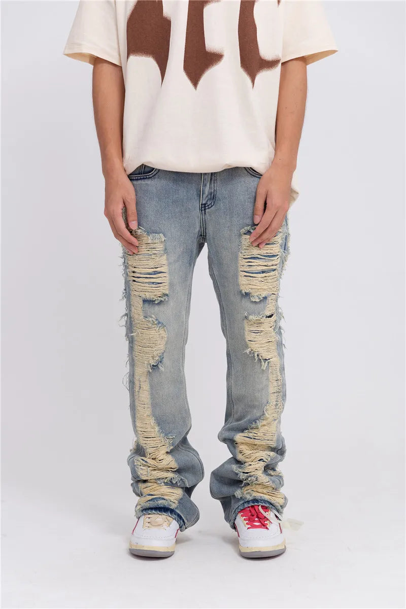fashion ripped denim jeans mens destoryed holes zipper straight trousers jeans hip hop streetwear new casual joggers jeans pants unique joggers style 3076