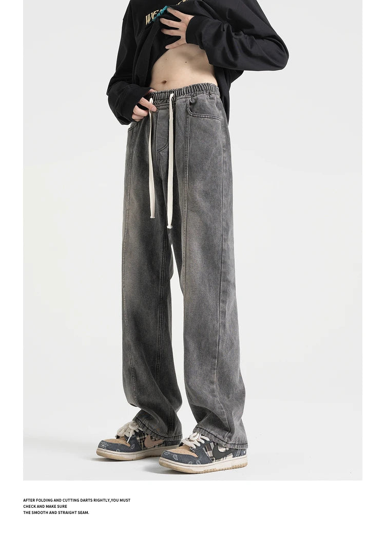 fashion loose streetwear denim pants unisex casual drewstring elastic waist jean pants hip hop trousers joggers mens baggy jeans unique joggers style 3261