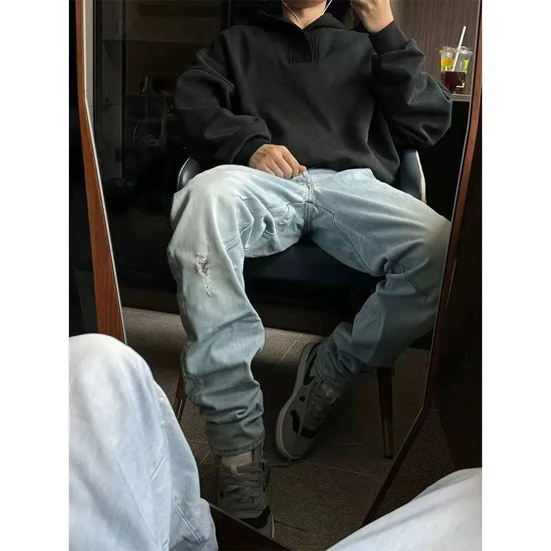 Trendy Korean Street Gray Sweatshirt Men's Spring and Autumn Knitted Ins Stitching Personalized