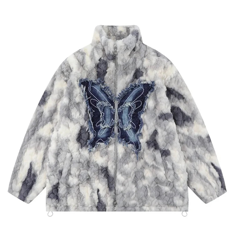 Mens Hip Hop Fleece Jackets Coats Patchwork Butterfly Stand Collar Jacket Parka Zipper Warm Hairy Coat Outerwear Hipster gray - variant style c372d6 for streetwear fashion