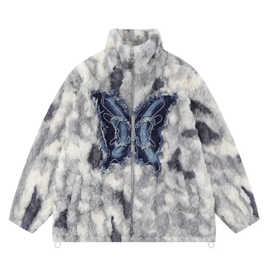 Mens Hip Hop Fleece Jackets Coats Patchwork Butterfly Stand Collar Jacket Parka Zipper Warm Hairy Coat Outerwear Hipster gray - variant style c372d6 for streetwear fashion