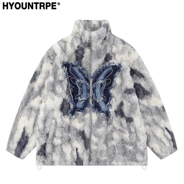Mens Hip Hop Fleece Jackets Coats Patchwork Butterfly Stand Collar Jacket Parka Zipper Warm Hairy Coat Outerwear Hipster gray - variant style c372d6 for streetwear fashion