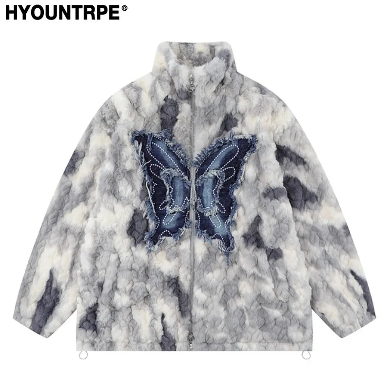 Mens Hip Hop Fleece Jackets Coats Patchwork Butterfly Stand Collar Jacket Parka Zipper Warm Hairy Coat Outerwear Hipster gray - variant style c372d6 for streetwear fashion