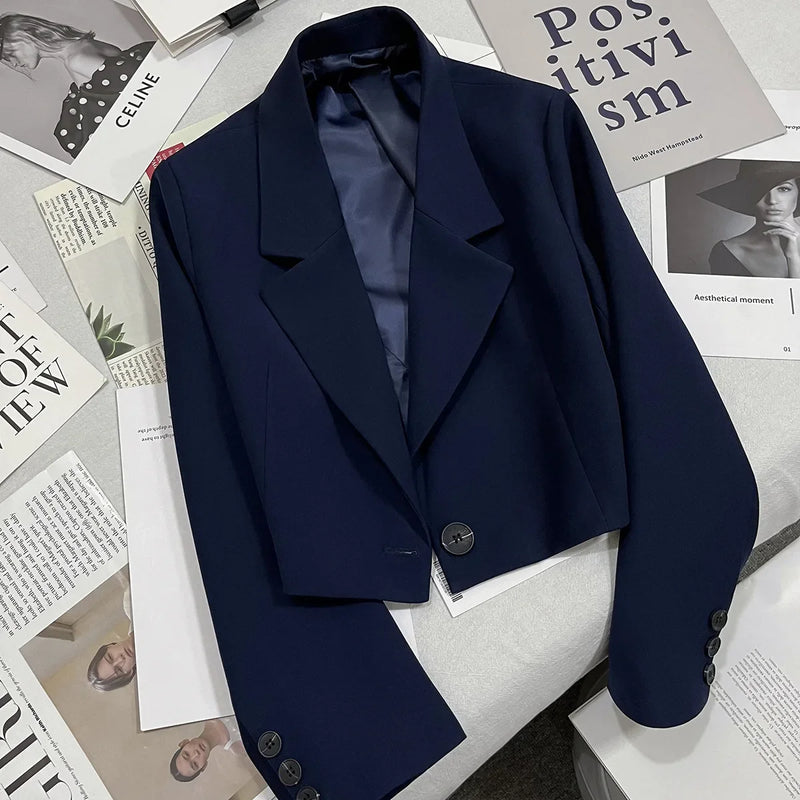 Black Short Blazer For Women Trendy 2024 Versatile Notch Collar Short