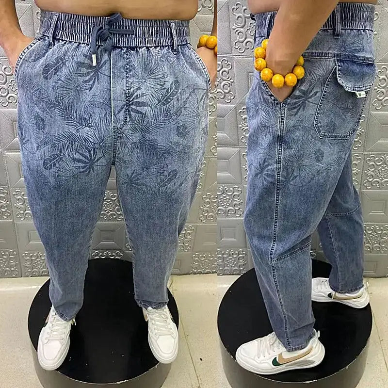 summer thin loose wide leg men jeans soft lyocell elastic fashion casual straight drawstring denim trousers black blue gray unique jeans style 1954