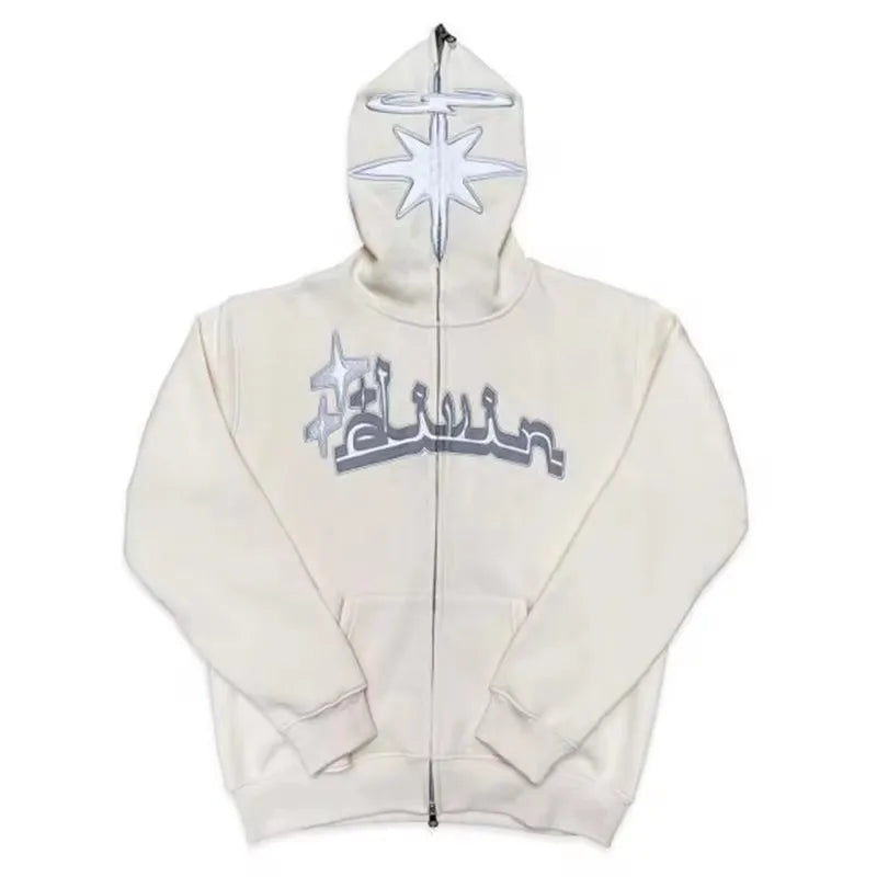 Y2K Full Zip Hoodies Embroidery Pattern Gothic Hooded Sweatshirts Over